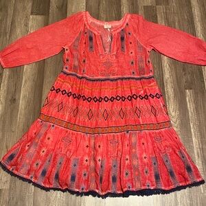 Elegant Coral Midi Dress with Ethnic Patterns